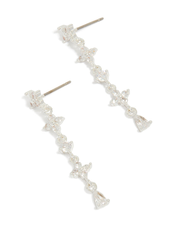Beautifully crafted statement drop earrings featuring floral cubic zirconia design in silver plated metal front view