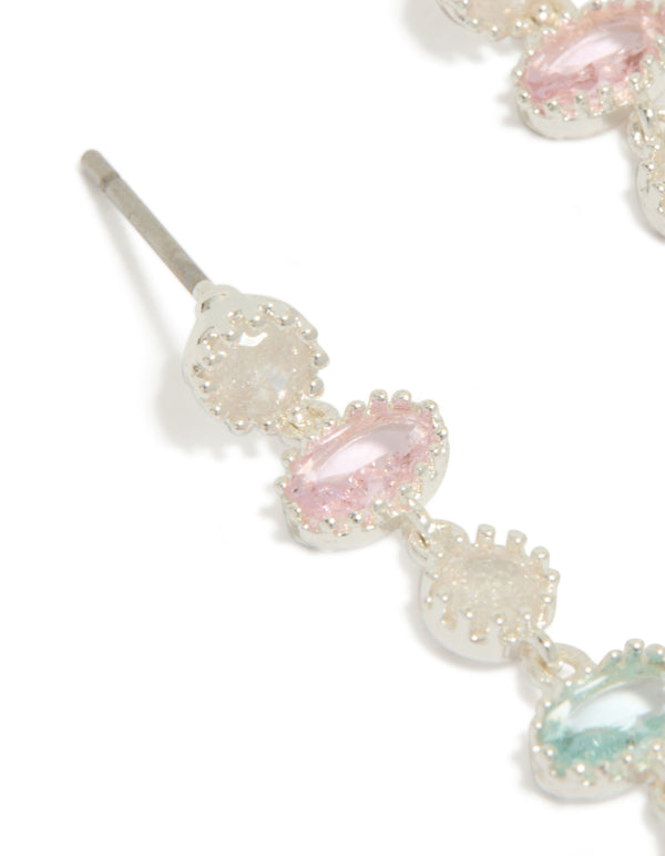 Crafted from silver plated pink and blue cubic zirconia oval and round stone drop earrings with post detail view