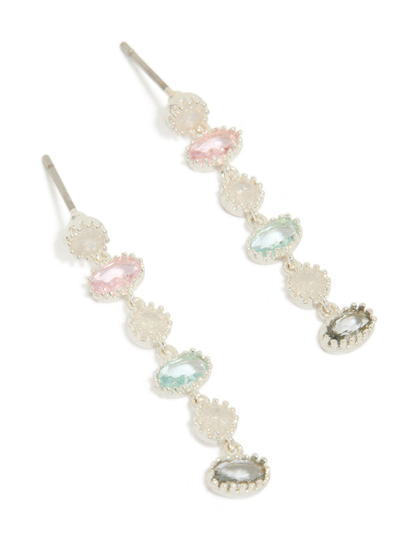 Showcasing silver plated pink and blue cubic zirconia oval and round stone drop earrings in a front view