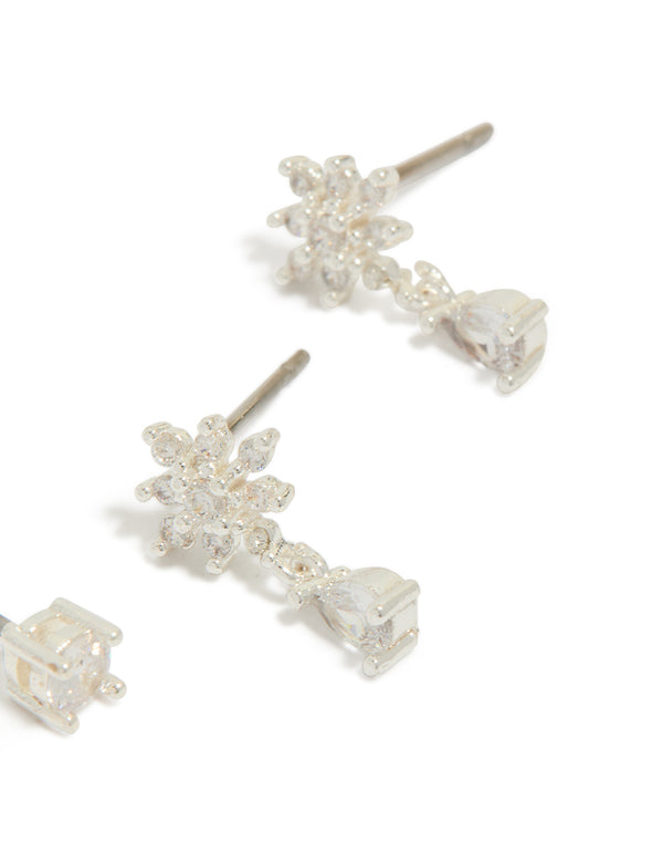 Designed with teardrop floral cubic zirconia in silver plated 2-pack earrings post detail view