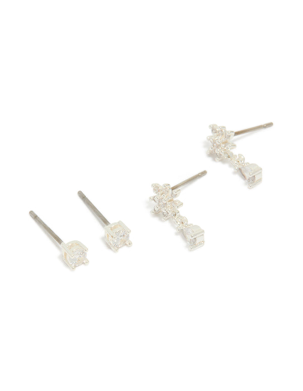 Showcasing teardrop floral cubic zirconia earrings in a 2-pack with silver plated finish front view