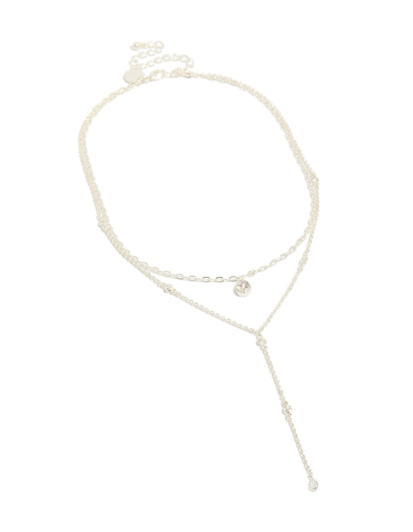 Elegant silver plated cubic zirconia layered Y-necklace in statement style close up view