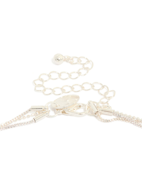 Beautifully designed a triple-layered drop necklace with beads, round-cut cubic zirconia, crafted from silver-plated material in a silver color clasp detail