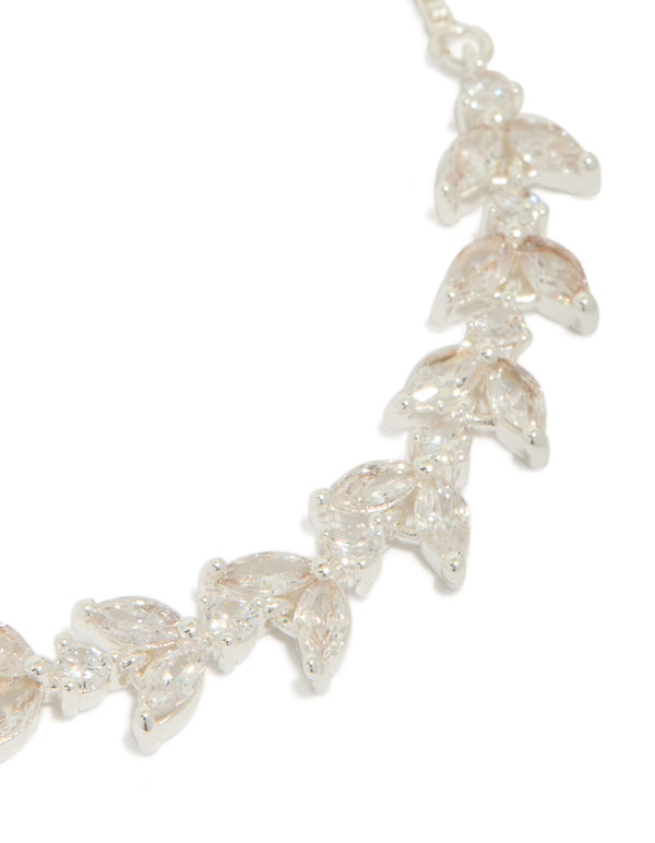 Designed with silver plated cubic zirconia, this vine leaf toggle bracelet showcases a statement style close up view