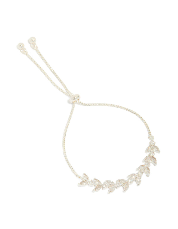 Showcasing a silver plated cubic zirconia vine leaf toggle bracelet in a statement style front view