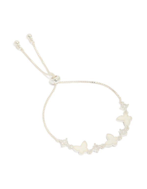 Showcasing a silver plated toggle bracelet with cubic zirconia and smooth butterfly charms inlay front view