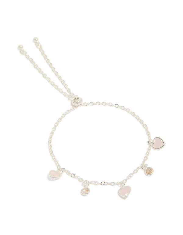 Beautifully crafted silver plated cubic zirconia heart charms toggle bracelet front view