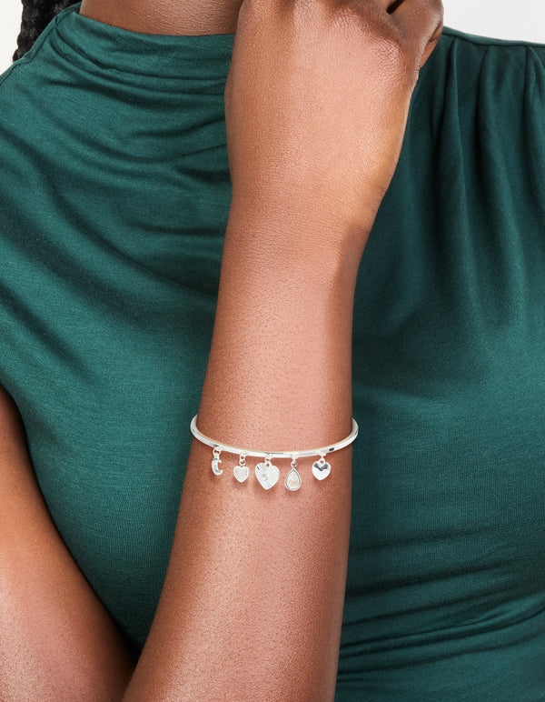 Silver Plated Moon & Heart Charm Toggle Bangle