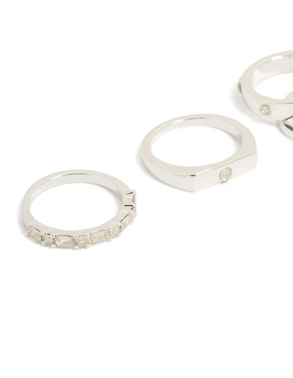 Featuring silver plated diamante inlay and band rings 4-pack in stackable style side detail view