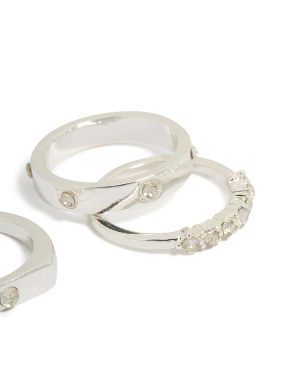 Crafted from silver plated material diamante inlay and band rings 4-pack in stackable style close up view