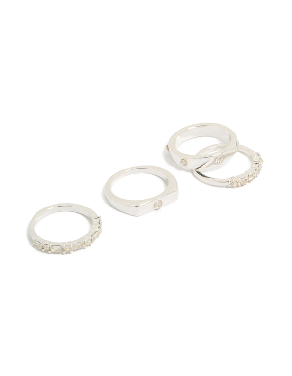 Showcasing silver plated diamante inlay and band rings 4-pack in stackable style front view