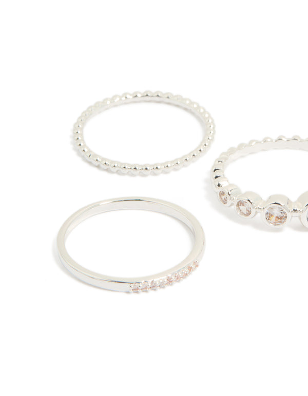 Featuring silver plated cubic zirconia bezel rings 5-pack in clear stone close up view