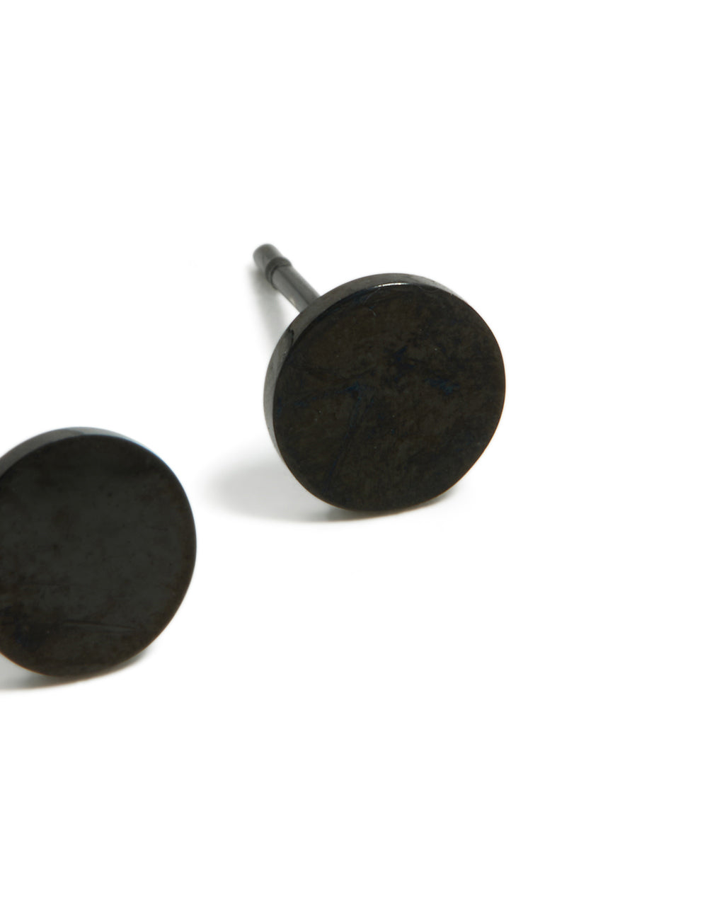 Featuring 6 MM disc stud earrings crafted from waterproof black coated stainless steel with post detail view