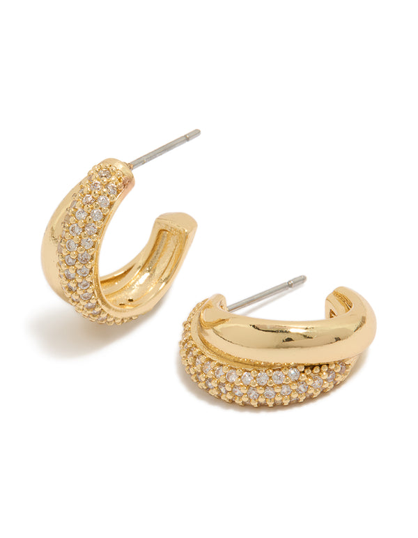 Gold Plated Cubic Zirconia Pavé & Plain Layered Hoop Earrings featuring crystal embellishments and hoop closure in gold front view