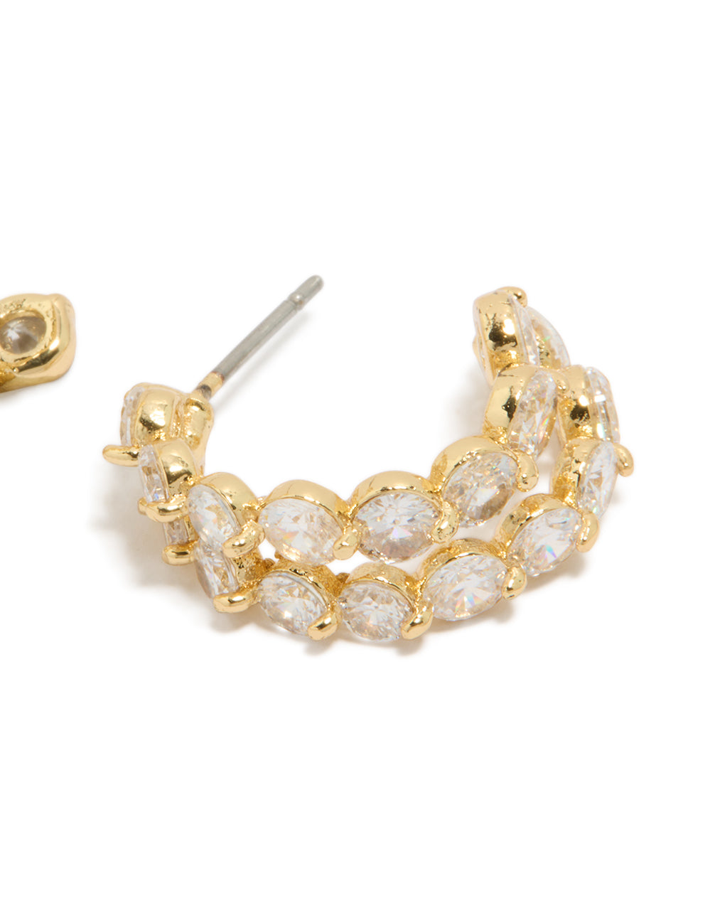 Presenting small hoop style earrings designed with cubic zirconia stones and gold plated finish highlighting double layered rows post detail view