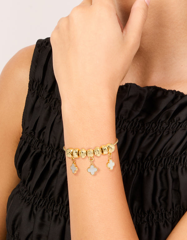 Gold Plated Beaded & Pink Genuine Shell Flower Inlay Charm Toggle Bracelet