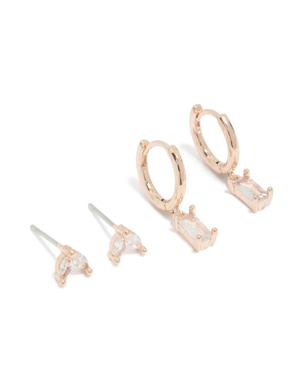Showcasing rose gold plated cubic zirconia stud and huggie earrings 2-pack with baguette stone cut front view