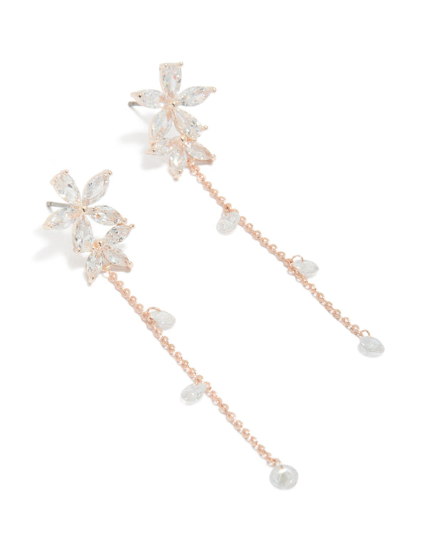 Presenting rose gold plated cubic zirconia flower station drop earrings featuring beaded charm details with floral pattern front view