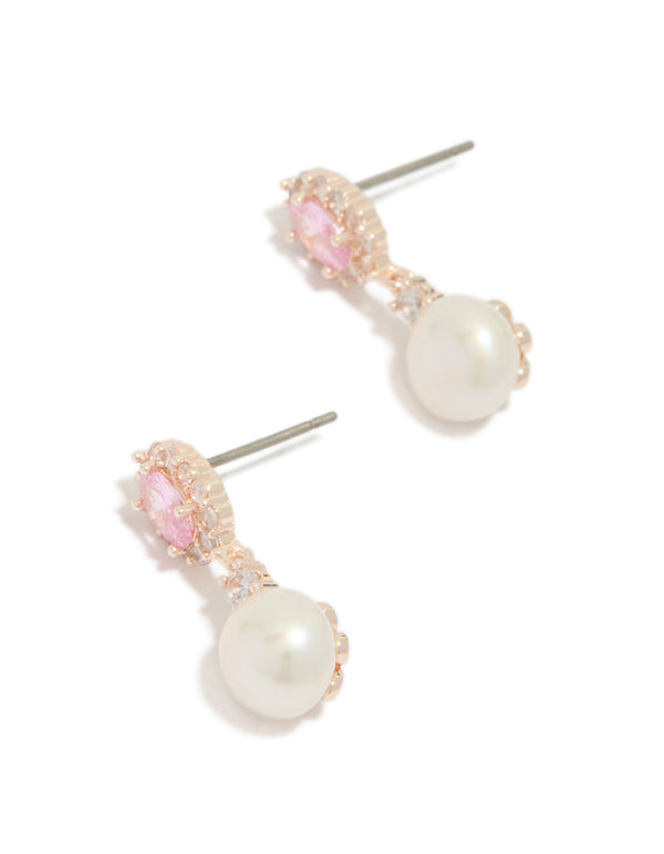 Stunning rose gold plated cubic zirconia freshwater pearl halo drop earrings in statement style front view