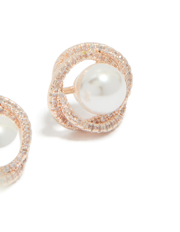 Rose Gold Plated Cubic Zirconia Twist Pearl Stud Earrings