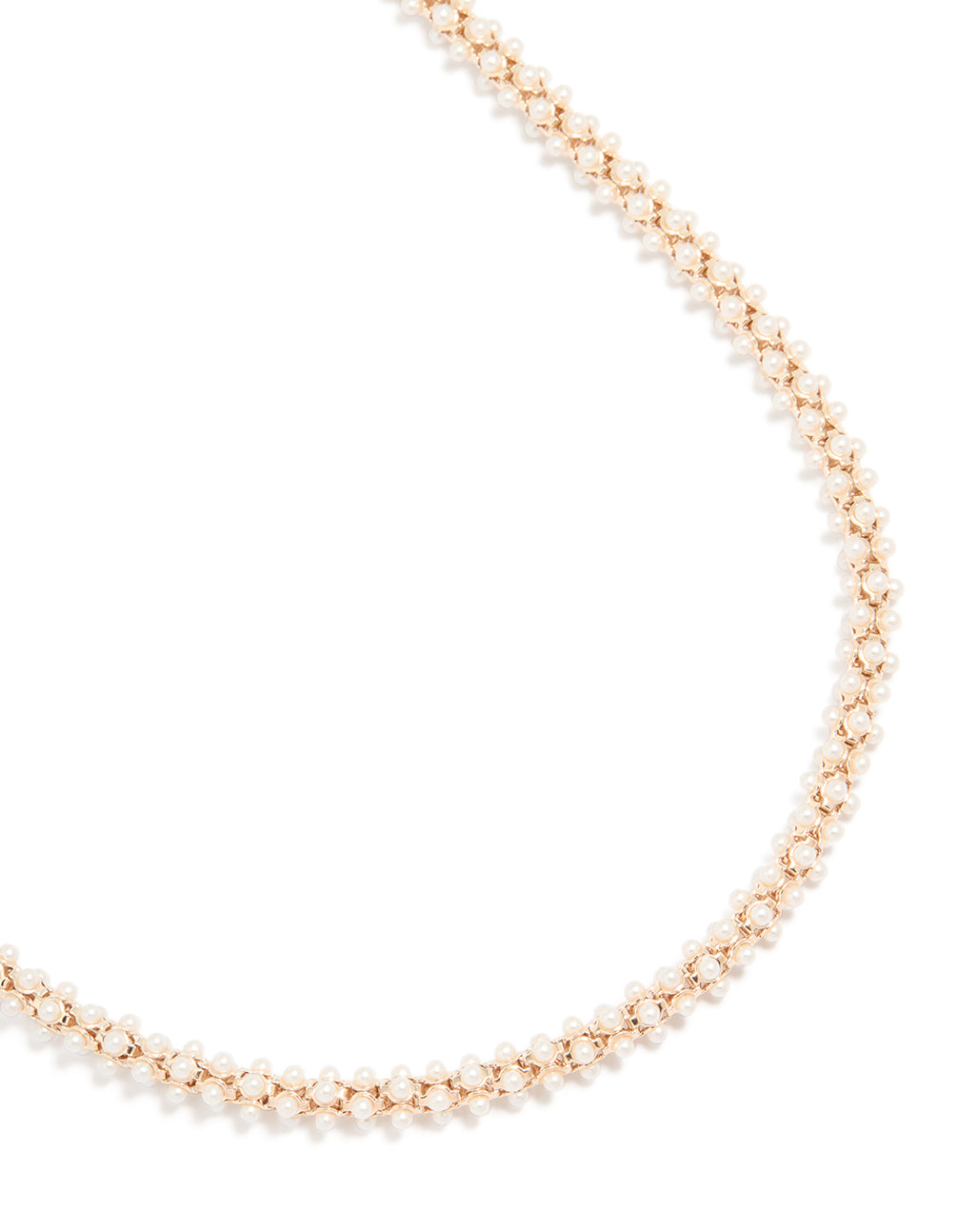 Showcasing a rose gold plated mini pearls fireball necklace with beads featuring statement design close up view