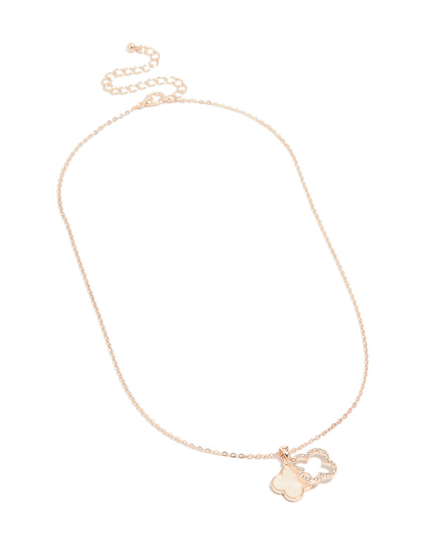 Beautiful rose gold plated diamante and pink outline flower pendant necklace with floral featuring cubic zirconia front view
