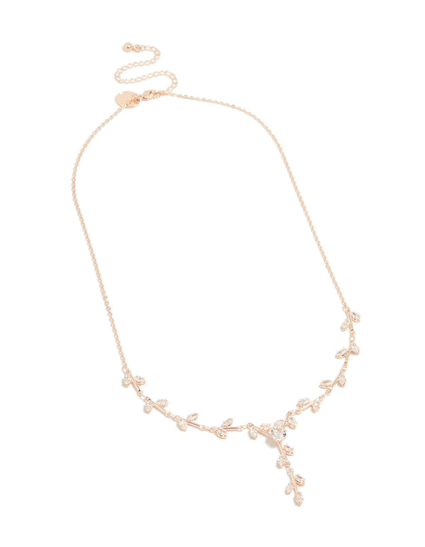 Discover a vine spaced necklace featuring floral and leaf accents, designed with cubic zirconia in rose gold plated materials, styled statement front view