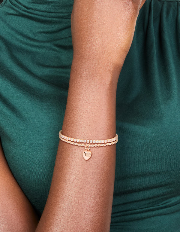 Rose Gold Plated Cubic Zirconia Tennis & Heart Layered Bracelet