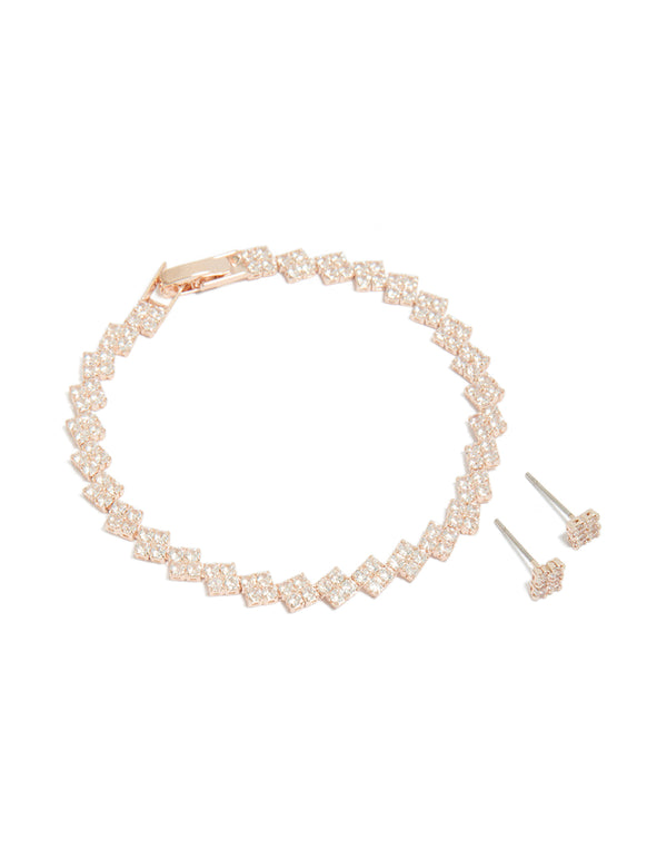 Rose Gold Plated Clover Tennis Bracelet & Earrings Set