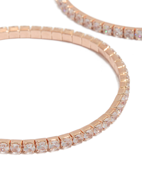 Highlighting rose gold plated cubic zirconia stretch tennis bracelets in a 2-pack with detailed close up view