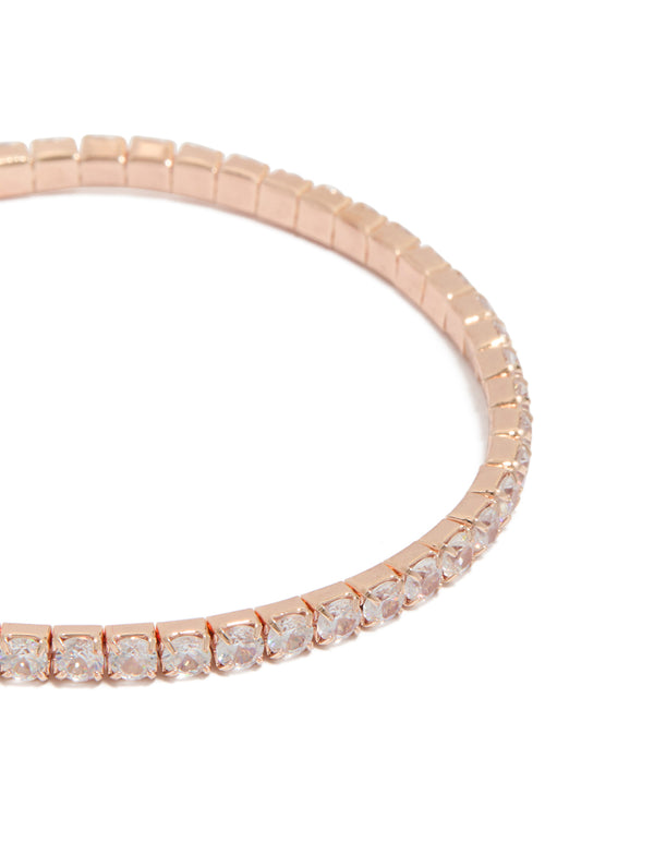 Highlighting rose gold plated cubic zirconia stretch tennis bracelets in a 2-pack with detailed close up view
