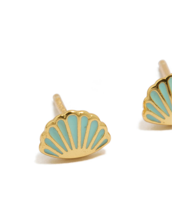 Showcasing gold plated sterling silver blue enamel clam shell earrings with charm ocean details and stud closure in turquoise close up view