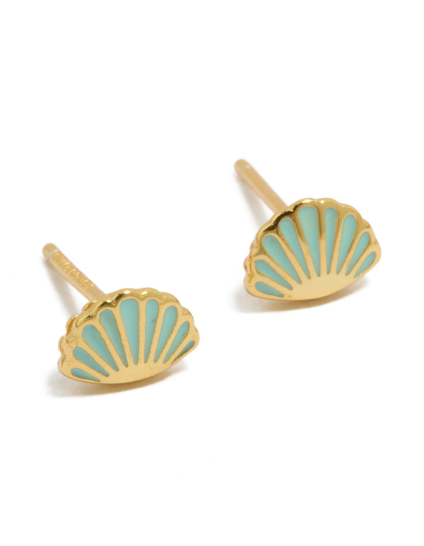 Beautifully crafted gold plated sterling silver blue enamel clam shell earrings featuring ocean accents with stud closure in turquoise front view