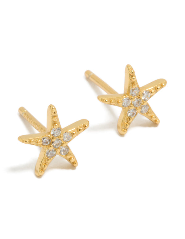 Showcasing gold plated sterling silver cubic zirconia starfish earrings featuring ocean and in clear front view