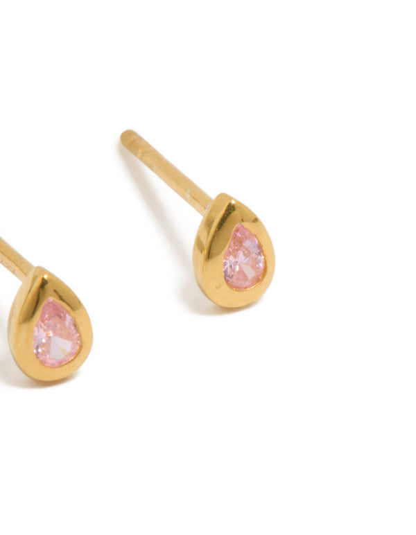 Elegantly designed gold plated sterling silver cubic zirconia teardrop stud earrings in light pink post detail view