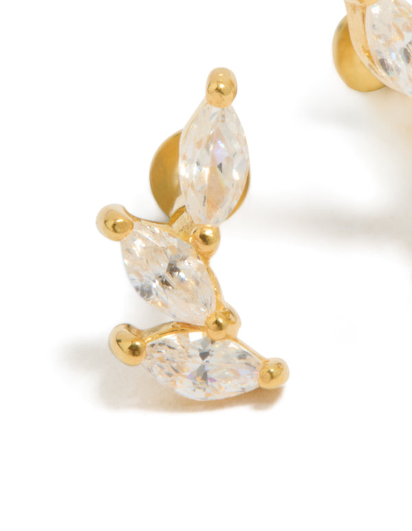 Stunning triple crawler earring crafted from gold plated sterling silver with marquise cut cubic zirconia stones and flat back stud close up view