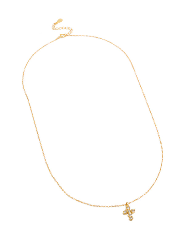 Featuring a cross pendant necklace crafted from cubic zirconia with sterling silver and gold plated finish front view