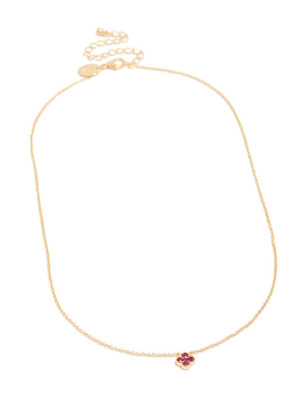 Showcasing a ruby July flower necklace with floral pendant in gold plated dainty design front view