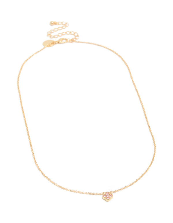 Showcasing gold plated rose October flower necklace with floral and cubic zirconia in dainty style front view