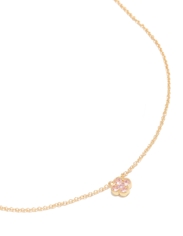 Beautifully crafted gold plated rose October flower necklace featuring floral with cubic zirconia in dainty style close up view