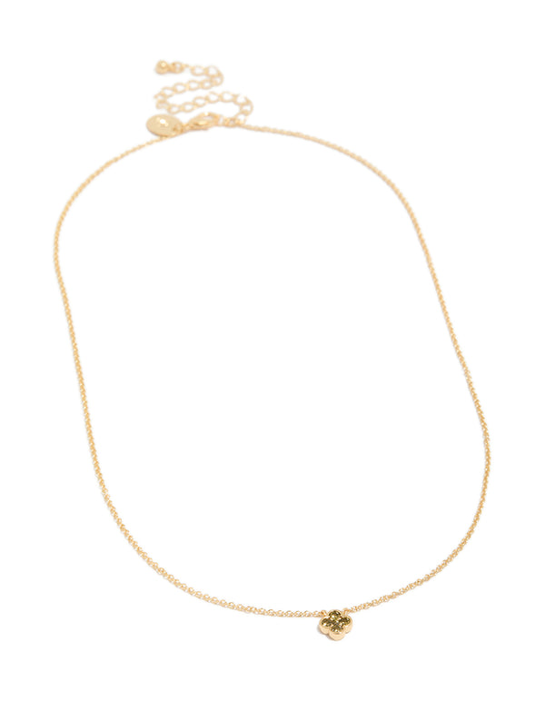 Featuring a gold plated peridot August flower necklace with floral pendant in dainty design front view