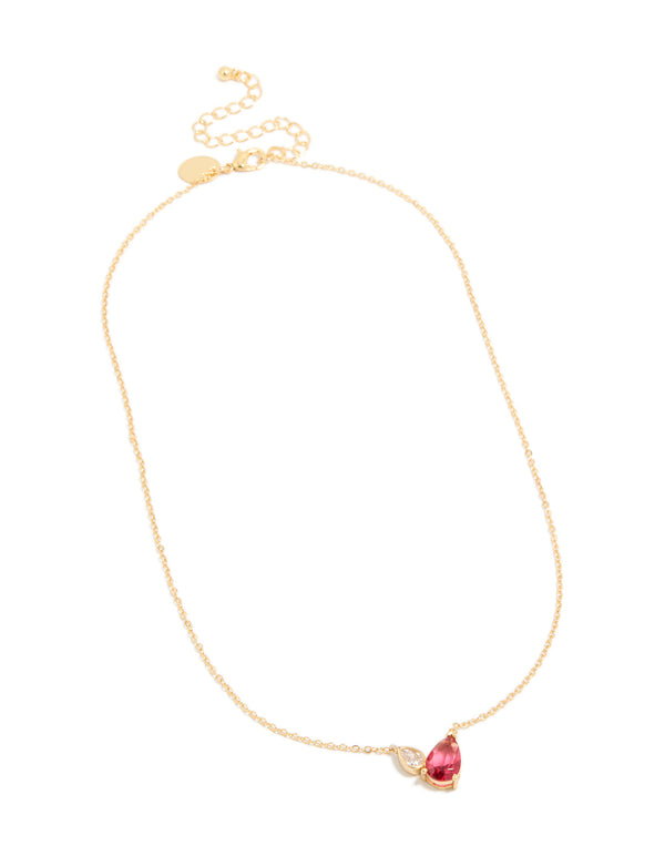 Showcasing a gold plated pendant necklace with red cubic zirconia crystal front view