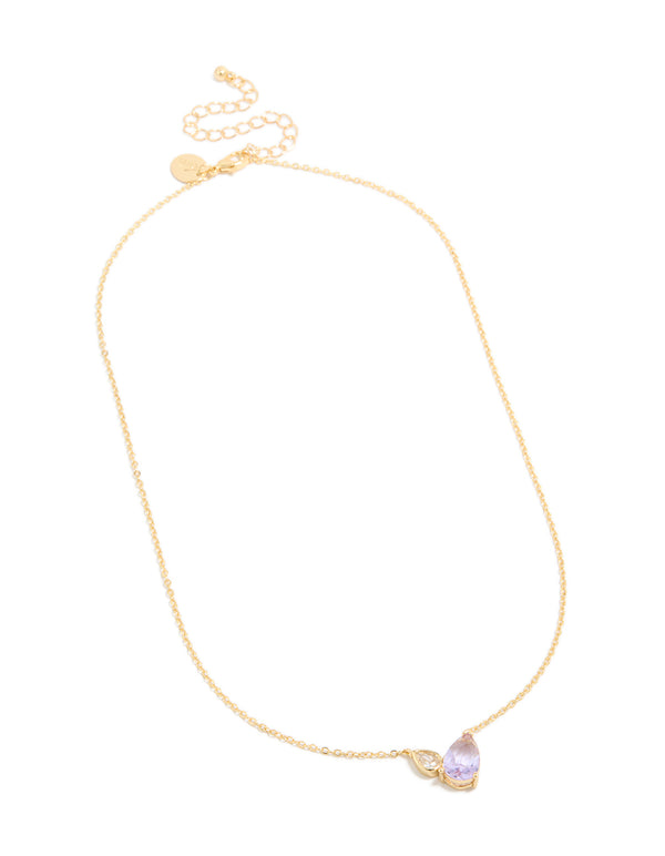 Discover a gold plated June lilac cubic zirconia necklace featuring crystal pendant in dainty style front view
