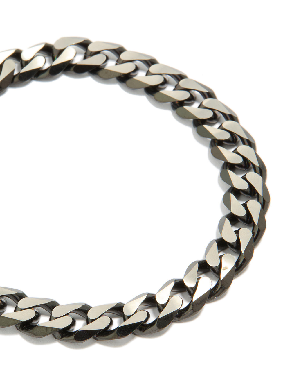 Crafted from waterproof stainless steel mens black link chain bracelet in silver close up view