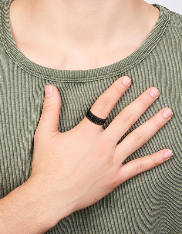 Mens Waterproof Black Coated Stainless Steel Chain Detail Band Ring