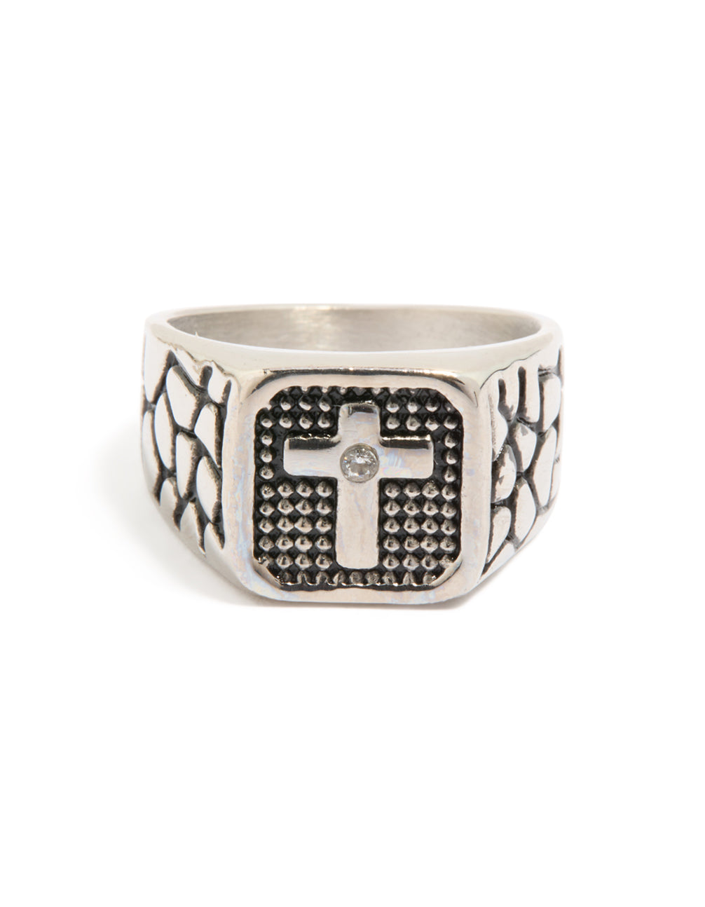Detailed look at mens waterproof stainless steel signet ring featuring black etched cubic zirconia cross in statement style close up view
