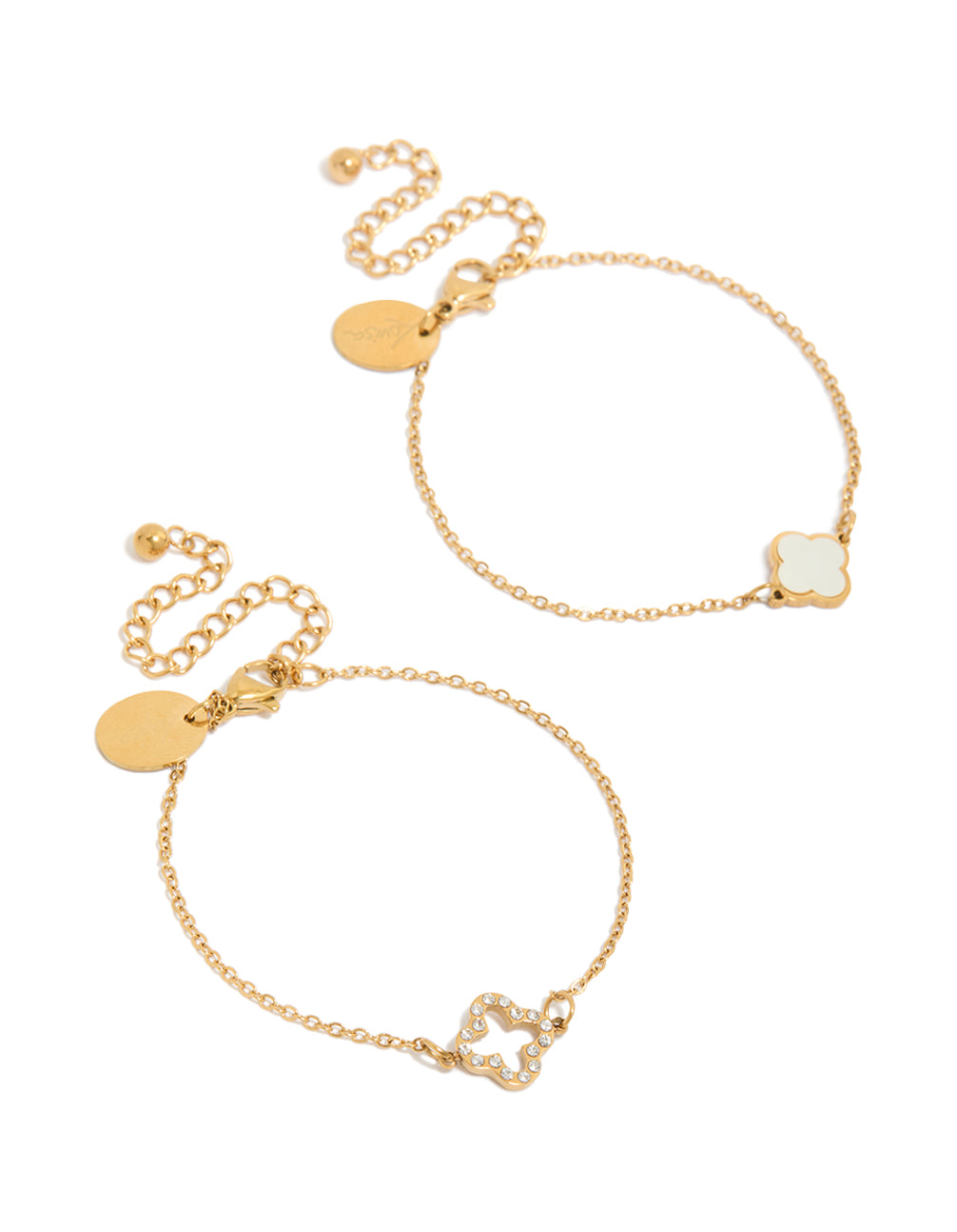 Featuring waterproof floral bracelets crafted from stainless steel with cubic zirconia in dainty gold plated style 2-pack front view