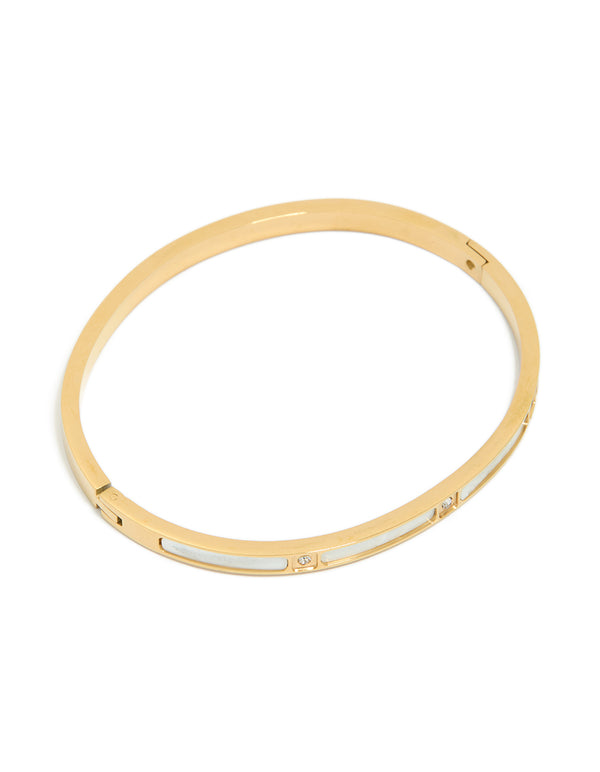 Showcasing a waterproof gold plated stainless steel hinged bangle featuring cubic zirconia inlay with white enamel detailing front view
