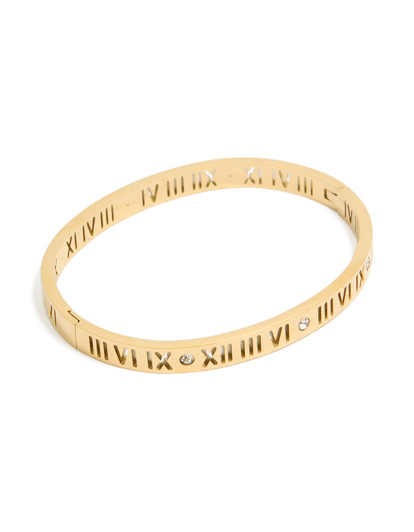 Discover this waterproof gold plated stainless steel cubic zirconia roman numeral hinged bangle in front view