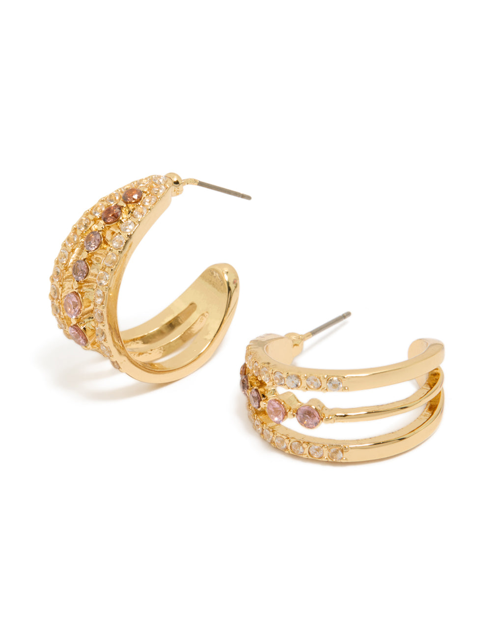 Showcasing gold plated cubic zirconia triple hoop medium earrings front view